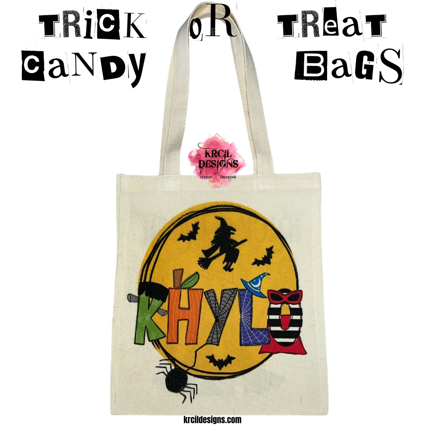 KHYLO | Your Name Halloween Tote Bag by Krcil Designs | Make a fashion statement with our custom tote bags. Featuring Halloween letters of Frankenstein, the Bride of Frankenstein, pumpkins, witch and wizard hats, eerie spiders, and bewitching capes—all set against a backdrop of a mystical moon, flying witch, and bats. Our Halloween treat bags are the perfect Halloween candy bags for trick-or-treat year after year! Grab matching candy bags for the whole family! Shop Tote Bags at KrcilDesigns.com