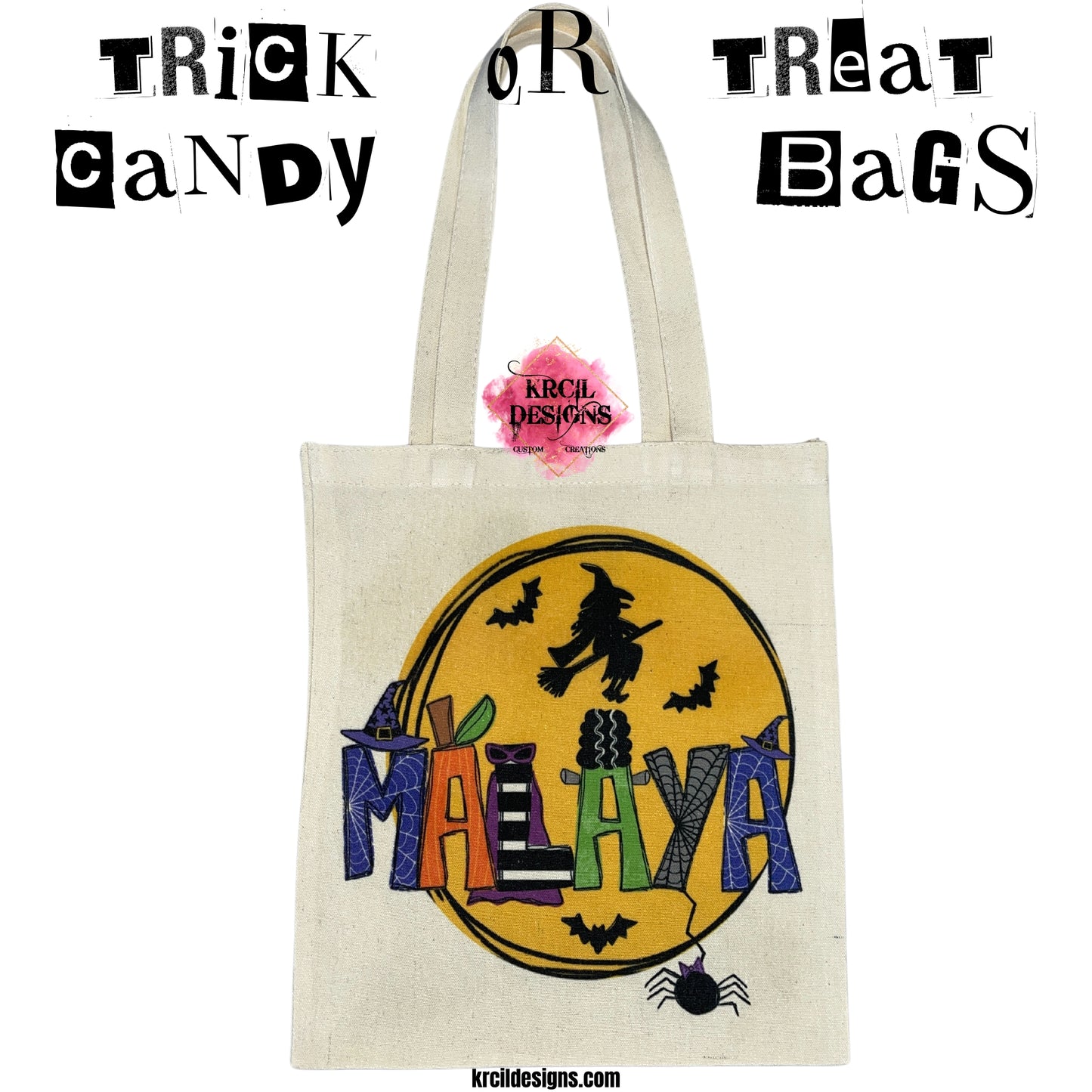 MALAYA | Your Name Halloween Tote Bag by Krcil Designs | Make a fashion statement with our custom tote bags. Featuring Halloween letters of Frankenstein, the Bride of Frankenstein, pumpkins, witch and wizard hats, eerie spiders, and bewitching capes—all set against a backdrop of a mystical moon, flying witch, and bats. Our Halloween treat bags are the perfect Halloween candy bags for trick-or-treat year after year! Grab matching candy bags for the whole family! Shop Tote Bags at KrcilDesigns.com