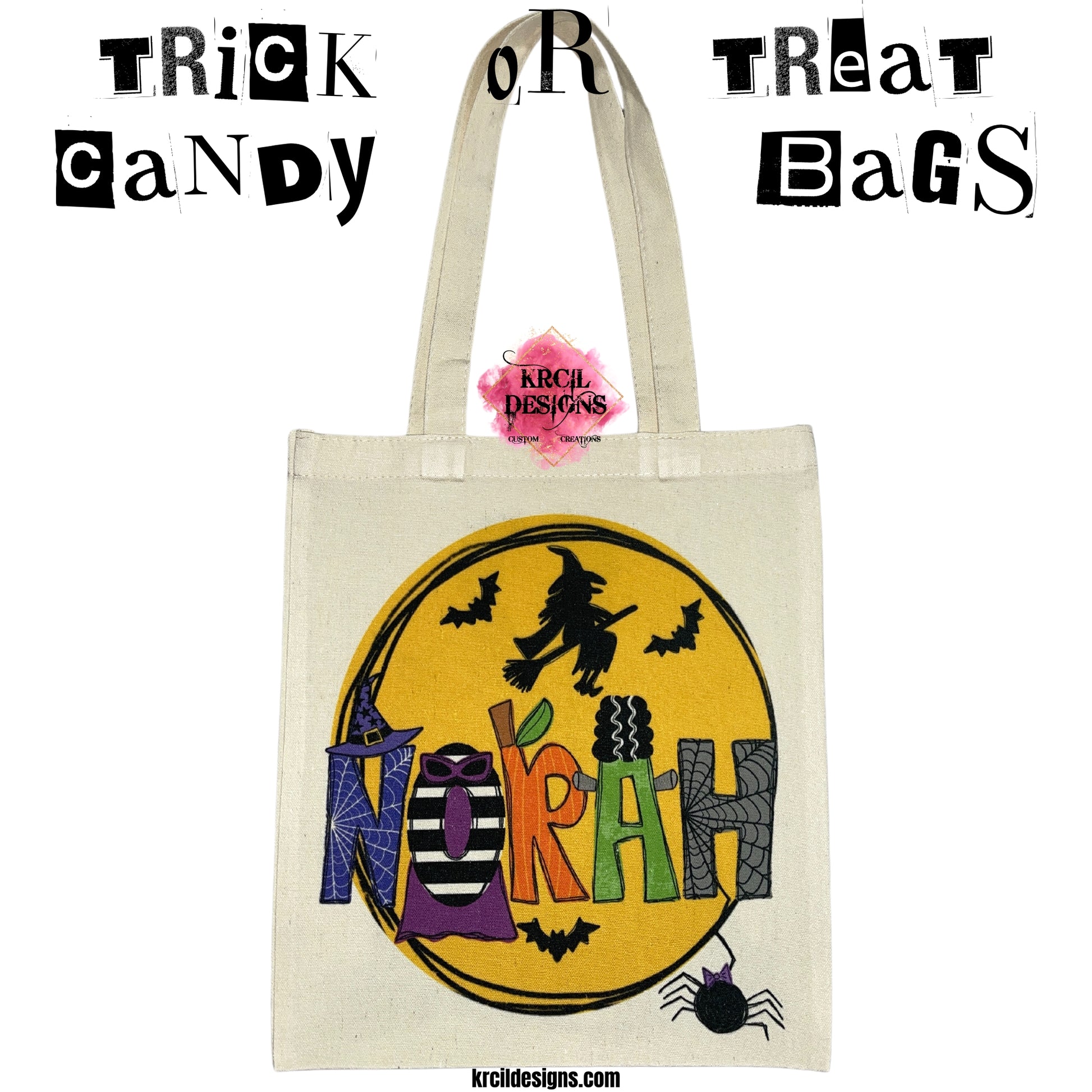 NORAH | Your Name Halloween Tote Bag by Krcil Designs | Make a fashion statement with our custom tote bags. Featuring Halloween letters of Frankenstein, the Bride of Frankenstein, pumpkins, witch and wizard hats, eerie spiders, and bewitching capes—all set against a backdrop of a mystical moon, flying witch, and bats. Our Halloween treat bags are the perfect Halloween candy bags for trick-or-treat year after year! Grab matching candy bags for the whole family! Shop Tote Bags at KrcilDesigns.com