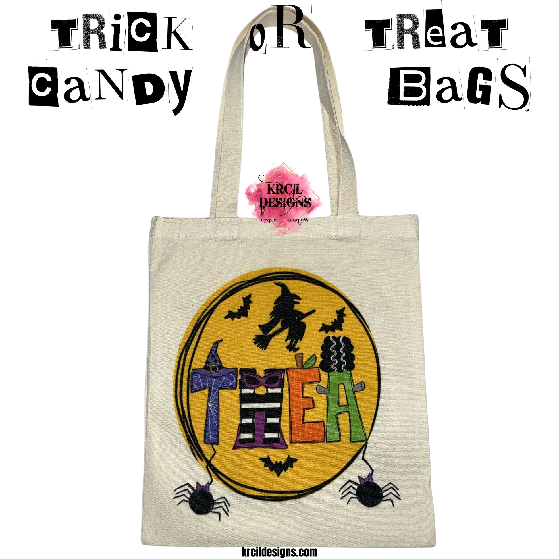 Your Name Halloween Candy Bag Canvas Tote Bag by Krcil Designs | Make a fashion statement with our Halloween letters featuring Frankenstein, the Bride of Frankenstein, pumpkin letters, witch and wizard hats, eerie spiders, and bewitching capes—all set against a backdrop of a mystical moon, flying witch, and bats. Embrace the Spooky Season! Personalize It - add name, initials, monogram, or special message. Reusable and Washable. Give the ultimate gift, add a cup, or t-shirt! KrcilDesigns.com