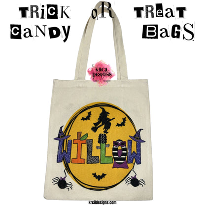 Your Name Halloween Candy Bag Canvas Tote Bag by Krcil Designs | Make a fashion statement with our Halloween letters featuring Frankenstein, the Bride of Frankenstein, pumpkin letters, witch and wizard hats, eerie spiders, and bewitching capes—all set against a backdrop of a mystical moon, flying witch, and bats. Embrace the Spooky Season! Personalize It - add name, initials, monogram, or special message. Reusable and Washable. Give the ultimate gift, add a cup, or t-shirt! KrcilDesigns.com