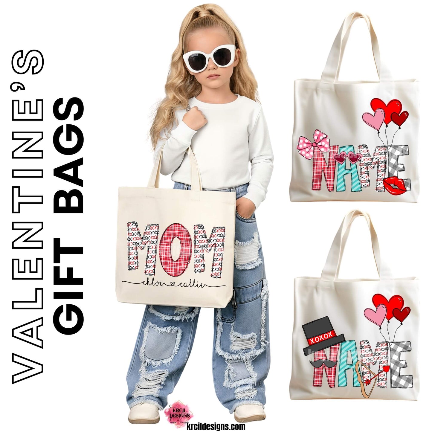 Your Name Valentines Tote Bag by Krcil Designs | Make a fashion statement with our custom tote bags. Featuring Valentine-themed letters, where playful letters are topped with a pink/black top hat, pink and white polka dot bow, a mustache, pink heart sunglasses, red lips, cupid's bow and arrow, pink and red heart balloons. Our Valentines treat bags are the perfect Valentines candy bags for Valentines gifts for class! Grab matching candy bags for the whole family! Shop Valentines Bags at KrcilDesigns.com