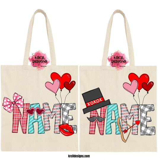 Your Name Valentines Tote Bag by Krcil Designs | Make a fashion statement with our custom tote bags. Featuring Valentine-themed letters, where playful letters are topped with a pink/black top hat, pink and white polka dot bow, a mustache, pink heart sunglasses, red lips, cupid's bow and arrow, pink and red heart balloons. Our Valentines treat bags are the perfect Valentines candy bags for Valentines gifts for class! Grab matching candy bags for the whole family! Shop Valentines Bags at KrcilDesigns.com