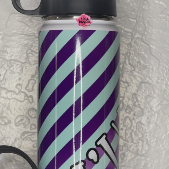 "The Diagonal Diva" Personalized Water Bottle by Krcil Designs | In violet purple and baby blue diagonal stripes. | Let our custom water bottles do the talking with our collection of personalized water bottles. Personalize It - add name, monogram, make a one-of-a-kind picture collage photo cup - the picture-perfect present! For the ultimate gift, add a t-shirt, or accessorize with a custom tote bag. Insulated stainless steel water bottles include 2 lids-wide mouth/flip top straw. KrcilDesigns.com