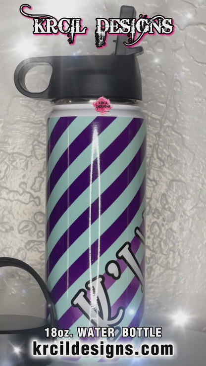 "The Diagonal Diva" Personalized Water Bottle by Krcil Designs | In violet purple and baby blue diagonal stripes. | Let our custom water bottles do the talking with our collection of personalized water bottles. Personalize It - add name, monogram, make a one-of-a-kind picture collage photo cup - the picture-perfect present! For the ultimate gift, add a t-shirt, or accessorize with a custom tote bag. Insulated stainless steel water bottles include 2 lids-wide mouth/flip top straw. KrcilDesigns.com