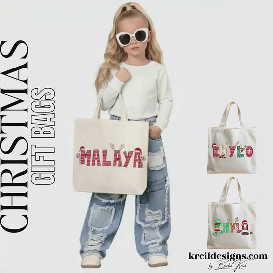 Christmas Personalized Tote Bags by KrcilDesigns.com | Graphic Design on a canvas tote bag, features your name, in name style options: Christmas, Ugly Sweater, Santa and Elf. The designs of the letters are different festive Christmas patterns. The playful letters adorned with Santa, His Elf, Rudolph's Red Nose, Reindeer Antlers, and even Santa's Milk and Cookies.