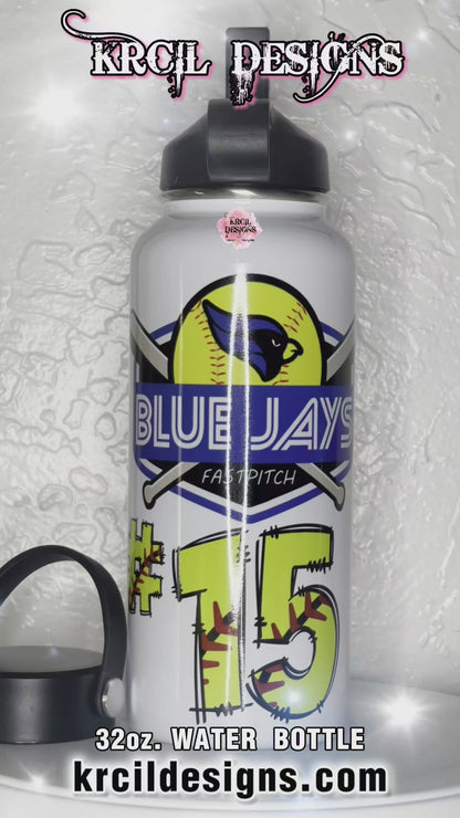 "BLUE JAYS" Fastpitch Softball Personalized Water Bottle by Krcil Designs | Step up to the plate - it's time to show your opponents that you're not only a fashionista, but who's the real MVP on the field! Personalize It - add name, number. | Let our custom water bottles do the talking with our collection of personalized water bottles. For the ultimate gift, add t-shirt, or accessorize with a custom tote bag. Insulated stainless steel water bottles include 2 lids-wide mouth/flip top straw. KrcilDesigns.com