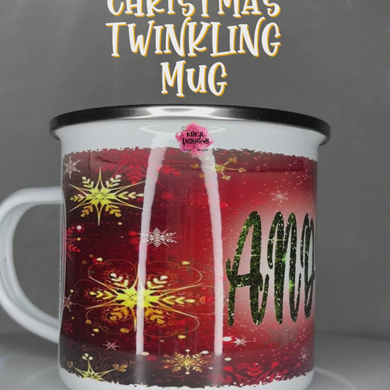 Your Name Twinkling Christmas Mug | Personalized Mug by Krcil Designs | This Christmas mug has a vibrant Christmas red backdrop, intricate snowflakes, golden Christmas stars, setting the stage for a magical holiday season. Your name, in Christmas green faux glitter letters, adds a personalized touch that's absolutely gorgeous. Whether you're sipping hot chocolate, coffee, tea, or favorite holiday beverage, get ready to be captivated by the beauty of the Christmas season! KrcilDesigns.com