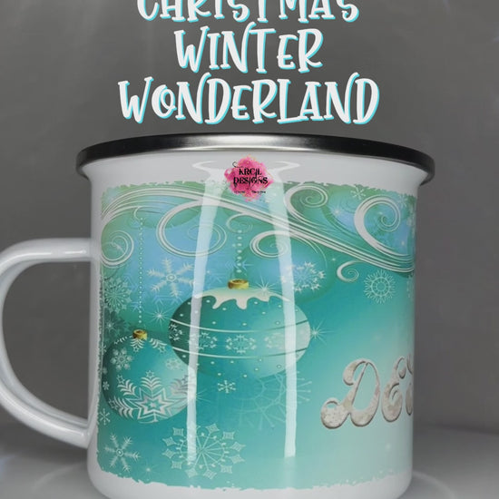 Your Name Winter Wonderland Christmas Mug | Personalized Mug by Krcil Designs | Picture a turquoise winter wonderland, glistening ornaments, delicate snowflakes, elegant scrolls, all beautifully framing your name in silver faux glitter letters. Each sip from this mug is a journey into a wintery dream. Whether you're sipping hot chocolate, coffee, or your favorite festive brew, this mug is a reminder that the most wonderful time of the year is here! KrcilDesigns.com