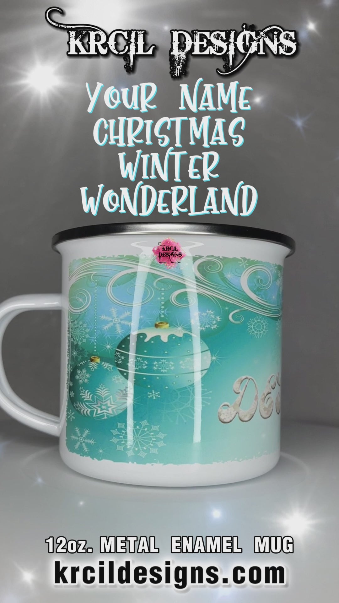 Your Name Winter Wonderland Christmas Mug | Personalized Mug by Krcil Designs | Picture a turquoise winter wonderland, glistening ornaments, delicate snowflakes, elegant scrolls, all beautifully framing your name in silver faux glitter letters. Each sip from this mug is a journey into a wintery dream. Whether you're sipping hot chocolate, coffee, or your favorite festive brew, this mug is a reminder that the most wonderful time of the year is here! KrcilDesigns.com