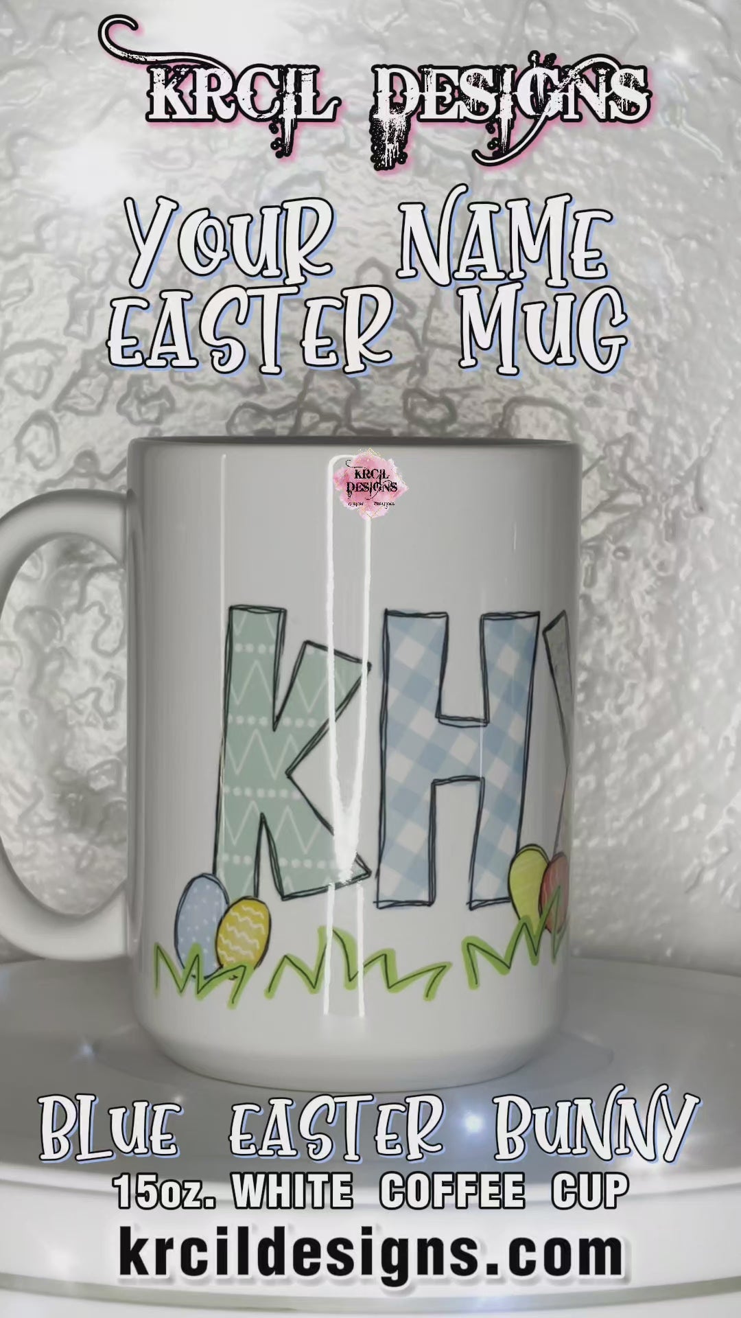 Your Name Easter Mug Personalized Coffee Cup by Krcil Designs | One lucky letter will be transformed into an Easter bunny, while playful bunnies hop into the other letters, letters are surrounded with colorful Easter eggs and carrots, and the joyful Easter letters. | Add a personalized Easter Basket with pink or blue bunny ears, personalized Easter Bunny with your name and year on ears, and a personalized Easter puzzle. We have all the personalized goodies this Easter! Hop Over to KrcilDesigns.com