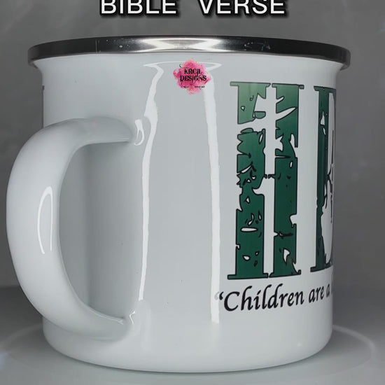 Your Name Religious Bible Verse Camp Mug Personalized Metal Enamel Mug by Krcil Designs | Let our custom coffee cups do the talking with our collection of personalized coffee cups. Personalize It - add name, monogram, make a one-of-a-kind picture collage photo cup - the picture-perfect present! Add our dish cloth and tea towel set, perfectly paired with our cups and mugs. For the ultimate coffee lovers gift, explore our sets and bundles. KrcilDesigns.com