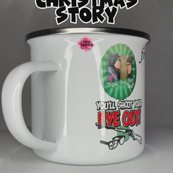 krcil designs funny christmas mugs, you'll shoot your eye out personalized enamel camp mug, sassy holiday movie quote gifts, gillette wyoming
