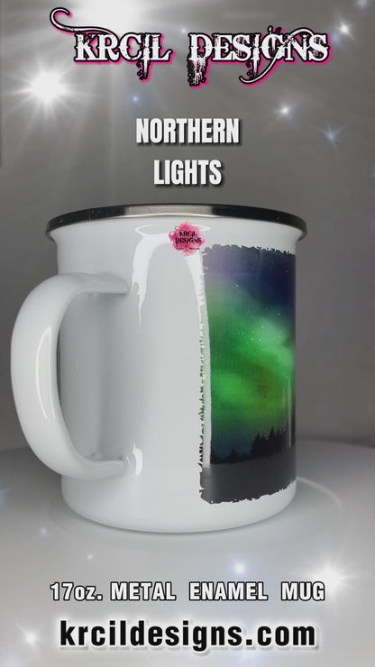 Northern Lights Camp Mug Personalized Metal Enamel Mug by Krcil Designs | Let our custom coffee cups do the talking with our collection of personalized coffee cups. Personalize It - add name, monogram, make a one-of-a-kind picture collage photo cup - the picture-perfect present! Add our dish cloth and tea towel set, perfectly paired with our cups and mugs. For the ultimate coffee lovers gift, explore our sets and bundles. KrcilDesigns.com