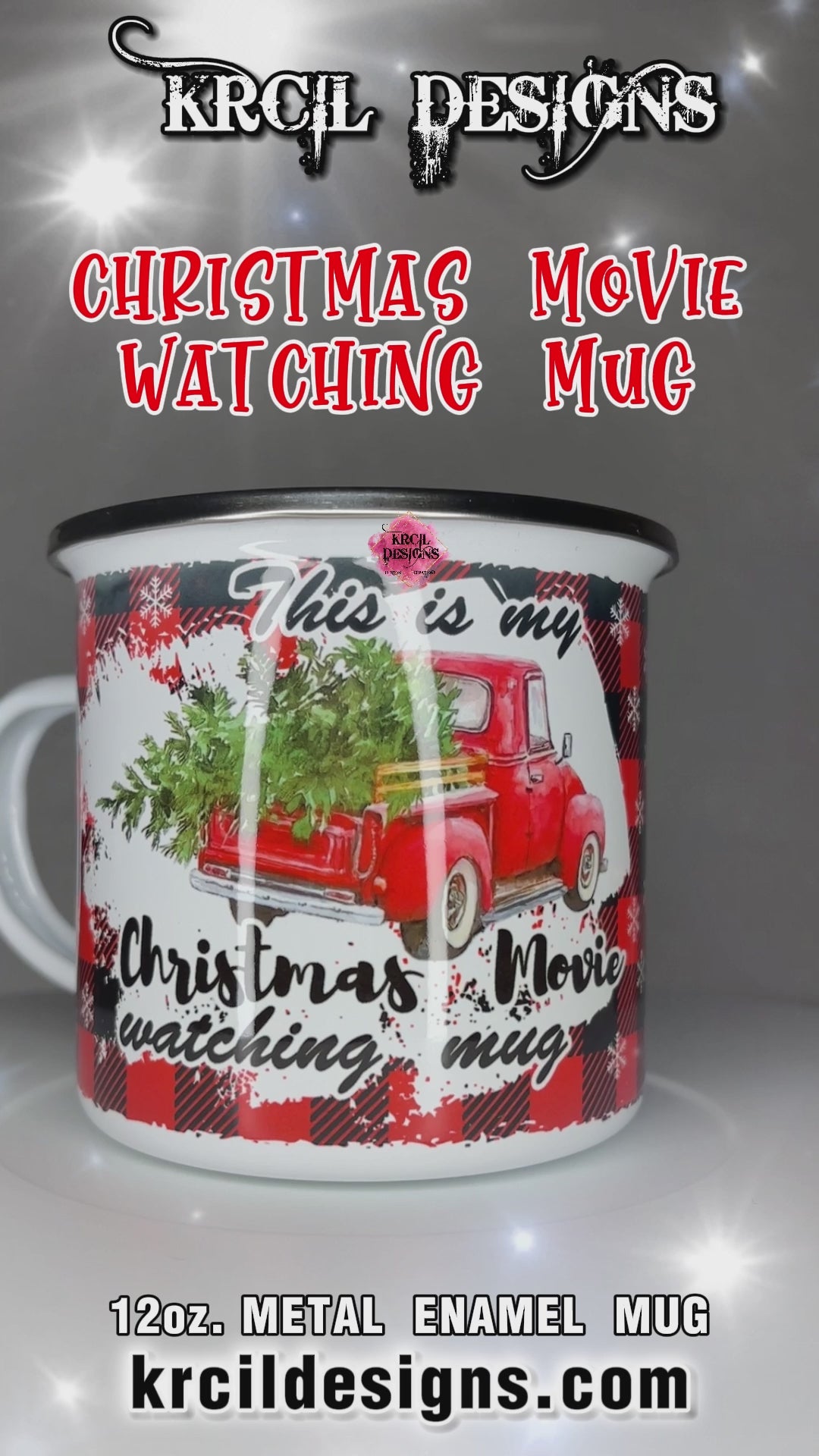 "This is my Christmas Movie Watching Mug" Personalized Metal Enamel Mug Christmas Coffee Cup by Krcil Designs | Imagine your kitchen transformed into a winter wonderland, complete with the iconic Christmas Red Truck, hauling a Christmas tree, its bed adorned with rustic wood railings. But that's not all – we're about to sprinkle a touch of personalization magic into your holiday season! Accessorize your kitchen with our sets and bundles and add personalization with your last name!  KrcilDesigns.com