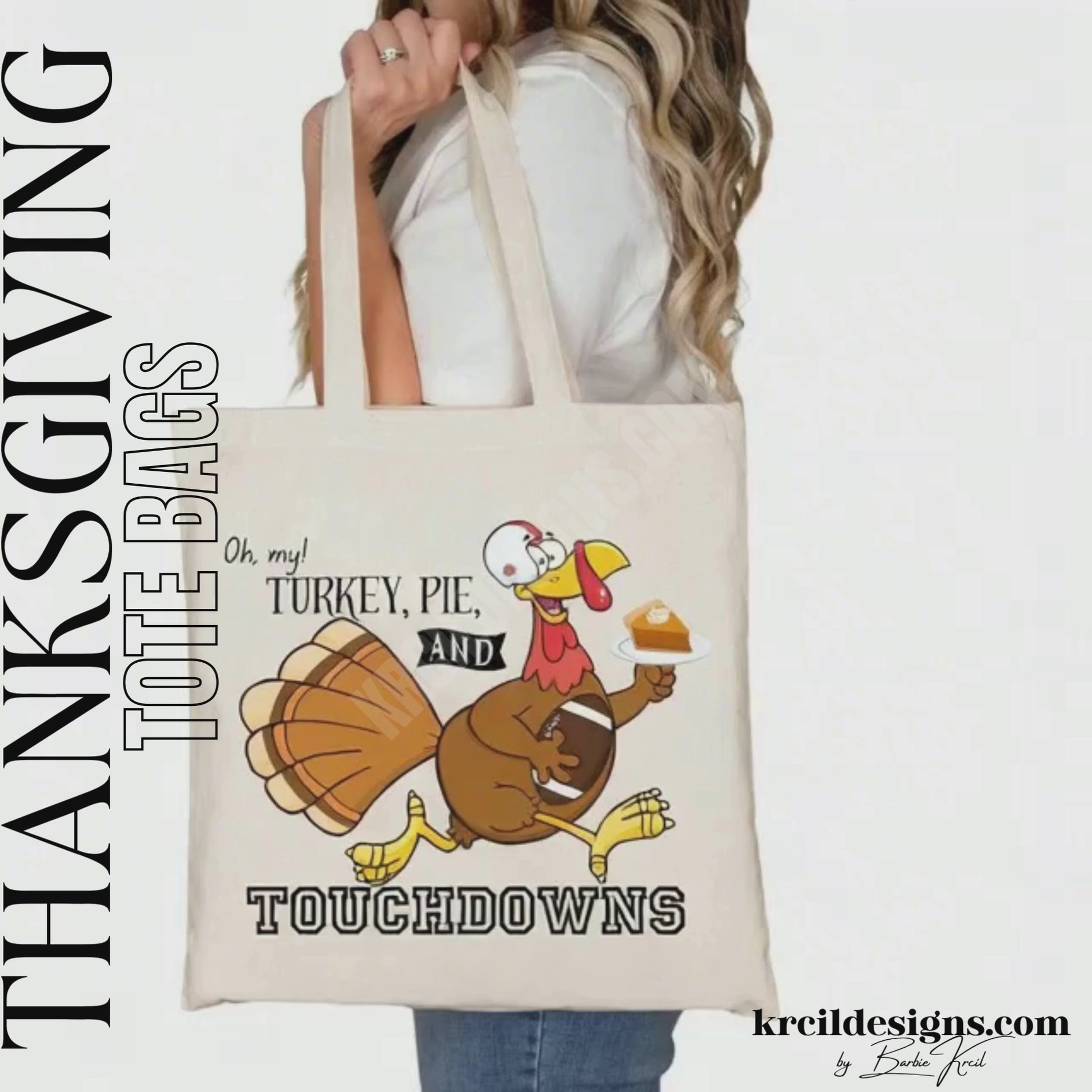 Thanksgiving Funny Tote Bags by KrcilDesigns.com | Graphic design on a canvas tote bag, featuring a cartoon turkey wearing a football helmet, holding a slice of pie topped with a dollop of whip cream on a white dinner plate, holding a football tucked under arm, and text that reads: "Oh, my! Turkey, Pie, and Touchdowns" in playful different fonts.