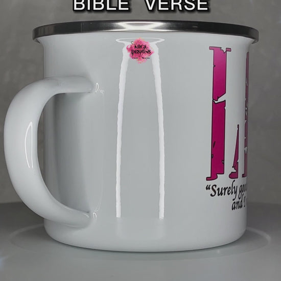 Your Name Religious Bible Verse Camp Mug Personalized Metal Enamel Mug by Krcil Designs | Let our custom coffee cups do the talking with our collection of personalized coffee cups. Personalize It - add name, monogram, make a one-of-a-kind picture collage photo cup - the picture-perfect present! Add our dish cloth and tea towel set, perfectly paired with our cups and mugs. For the ultimate coffee lovers gift, explore our sets and bundles. KrcilDesigns.com