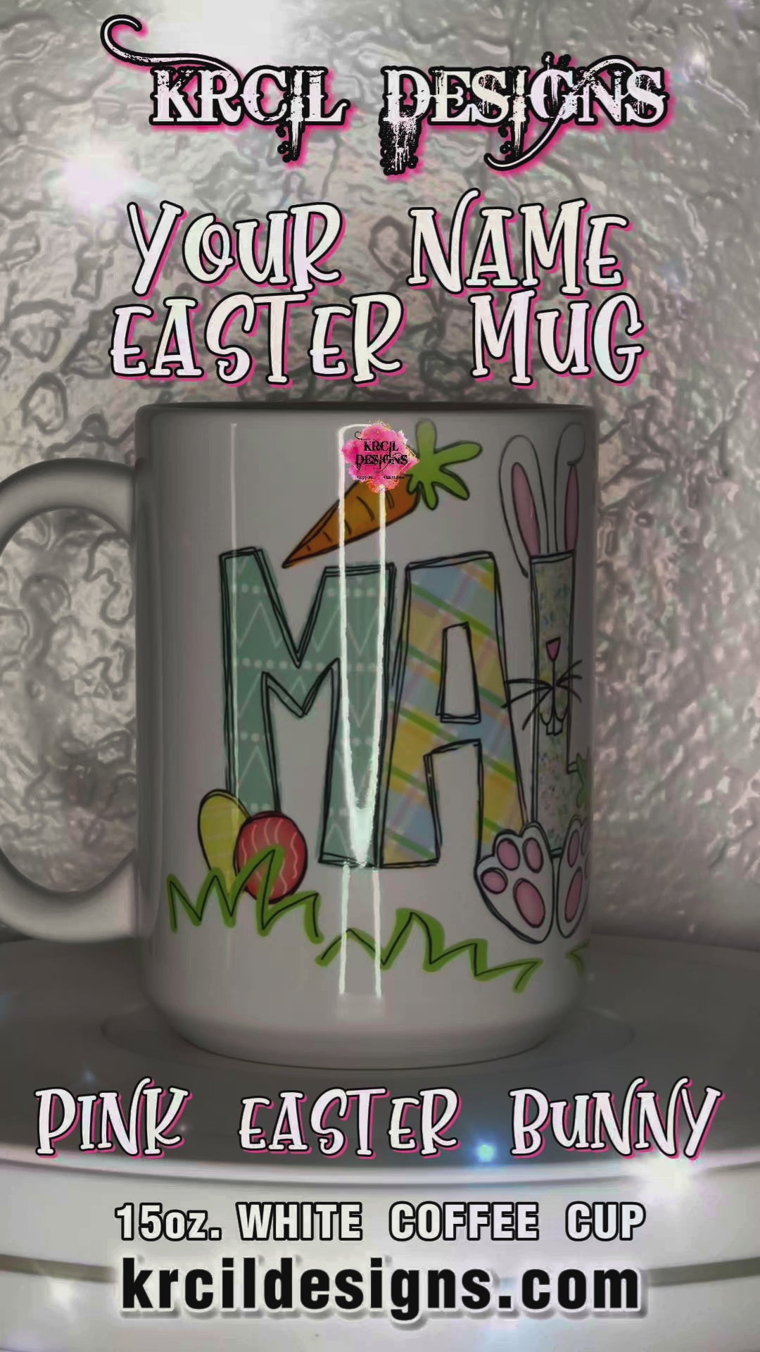 Easter Personalized Coffee Mugs by Krcil Designs | A white ceramic mug featuring your name. One lucky letter will be transformed into an adorable Easter bunny, while playful bunnies hop into the other letters. Their cute little tails and feet are sure to make you smile. Surrounding the letters are colorful Easter eggs and carrots. | Shop Easter Mugs at KrcilDesigns.com