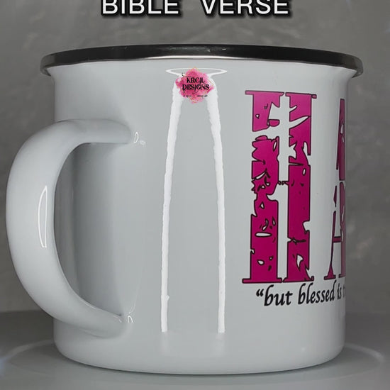 Your Name Religious Bible Verse Camp Mug Personalized Metal Enamel Mug by Krcil Designs | Let our custom coffee cups do the talking with our collection of personalized coffee cups. Personalize It - add name, monogram, make a one-of-a-kind picture collage photo cup - the picture-perfect present! Add our dish cloth and tea towel set, perfectly paired with our cups and mugs. For the ultimate coffee lovers gift, explore our sets and bundles. KrcilDesigns.com