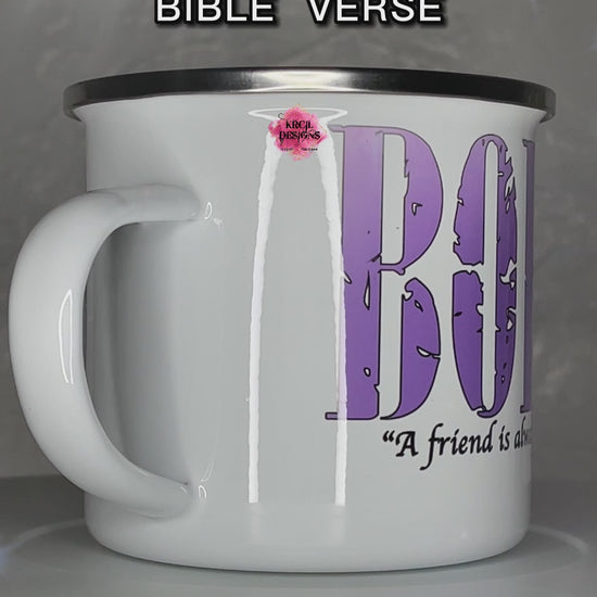 Your Name Religious Bible Verse Camp Mug Personalized Metal Enamel Mug by Krcil Designs | Let our custom coffee cups do the talking with our collection of personalized coffee cups. Personalize It - add name, monogram, make a one-of-a-kind picture collage photo cup - the picture-perfect present! Add our dish cloth and tea towel set, perfectly paired with our cups and mugs. For the ultimate coffee lovers gift, explore our sets and bundles. KrcilDesigns.com