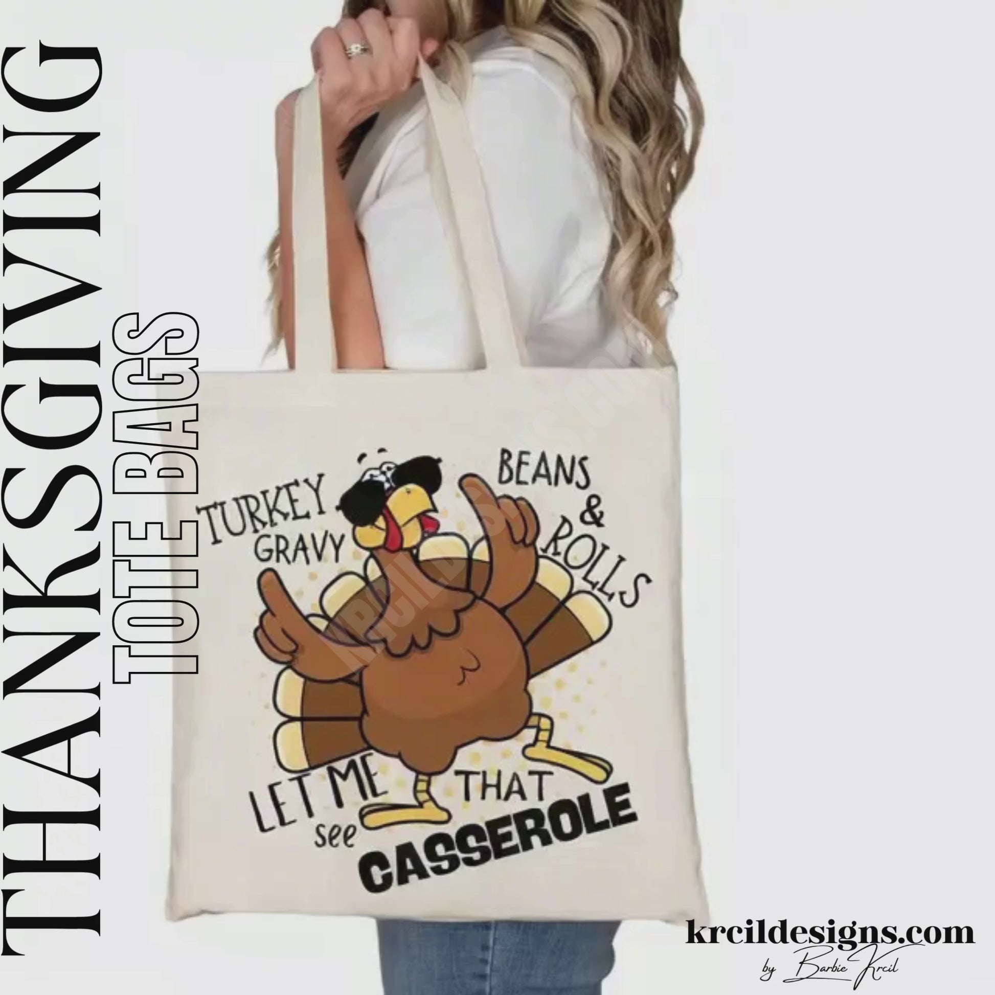 Thanksgiving Funny Tote Bags by KrcilDesigns.com | Graphic design on a canvas tote bag, featuring a cartoon turkey wearing sunglasses, the turkey is brown with a red wattle, yellow beak and feet, with yellow dots as a background. The words are scattered around the turkey in bold black text that reads: "Turkey Gravy Beans & Rolls LET ME SEE THAT CASSEROLE"