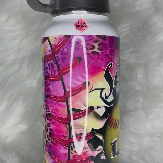 "Softball Life" Water Bottle by Krcil Designs | Softball Superstars? Say hello to the MVP of hydration gear! Tie-dye, cheetah print, and it's ready to bring your fashionista side to every game. | Let our custom water bottles do the talking with our collection of personalized water bottles. Personalize It - add name, monogram. For the ultimate gift, add a t-shirt, or accessorize with a custom tote bag. Insulated stainless steel water bottles include 2 lids-wide mouth/flip top straw. KrcilDesigns.com