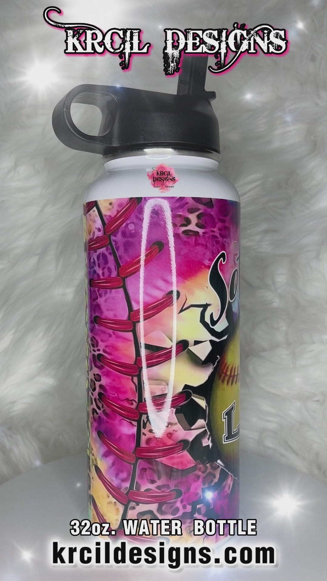 "Softball Life" Water Bottle by Krcil Designs | Softball Superstars? Say hello to the MVP of hydration gear! Tie-dye, cheetah print, and it's ready to bring your fashionista side to every game. | Let our custom water bottles do the talking with our collection of personalized water bottles. Personalize It - add name, monogram. For the ultimate gift, add a t-shirt, or accessorize with a custom tote bag. Insulated stainless steel water bottles include 2 lids-wide mouth/flip top straw. KrcilDesigns.com