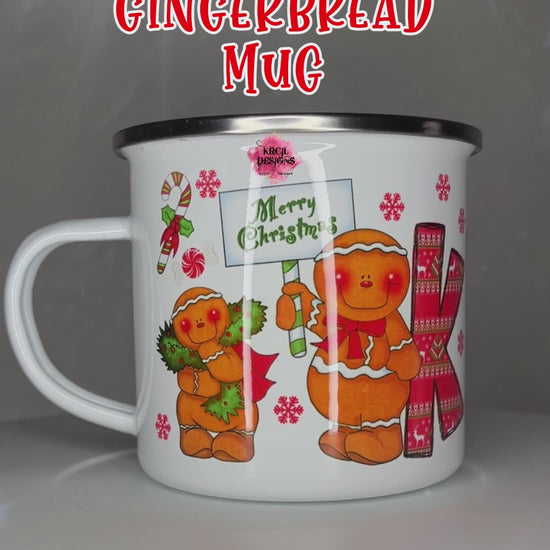 Your Name Gingerbread Personalized Christmas Mugs by Krcil Designs | Add a dash of Christmas Magic to the little ones' holiday traditions with their own holiday mug featuring their Name, in style ugly sweater Christmas letters, adorned with gingerbread dancing in and around the letters, and candy canes. Perfect for Christmas Movie Night, just add hot cocoa, marshmallows, and sprinkles! Great idea for the arrival of Elf on the Shelf! Make this Christmas magical! Shop Christmas Mugs at KrcilDesigns.com