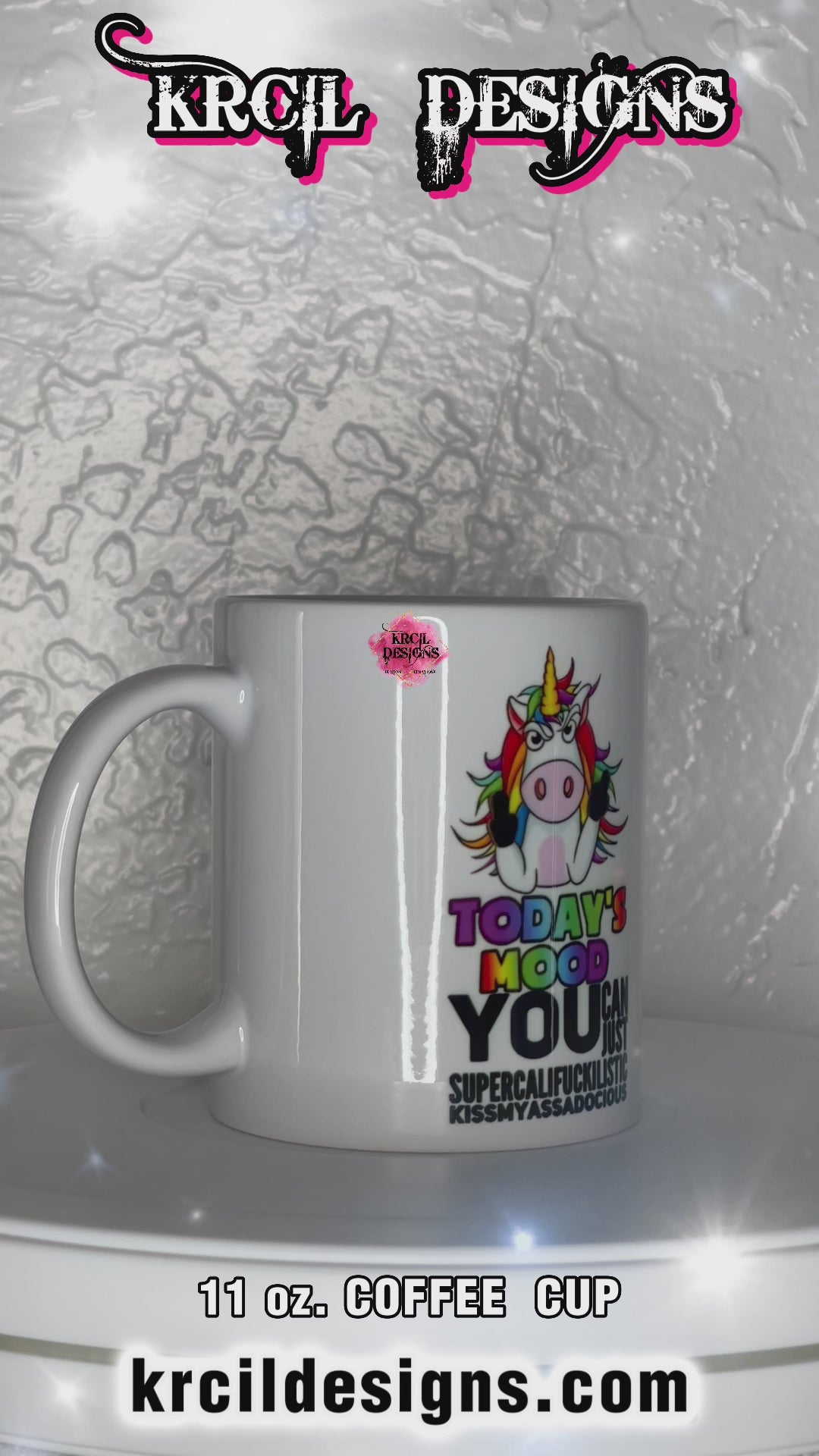 Unicorn "Today's Mood" | Donkey "Not Your Basic Jackass" | Uni-Donk Duo Coffee Cup by Krcil Designs | Let our custom coffee cups do the talking with our collection of personalized coffee cups. Personalize It - add name, monogram, make a one-of-a-kind picture collage photo cup - the picture-perfect present! Add our dish cloth and tea towel set, perfectly paired with our cups and mugs. For the ultimate coffee lovers gift, explore our sets and bundles. KrcilDesigns.com