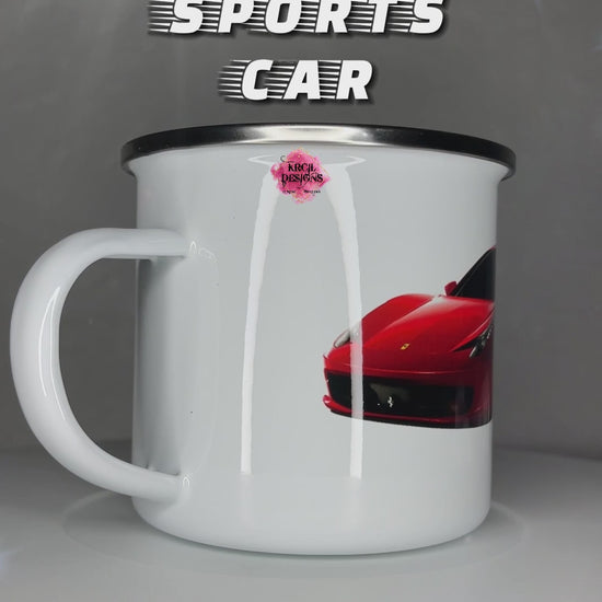 Red Sports Car Camp Mug Personalized Metal Enamel Mug by Krcil Designs | Let our custom coffee cups do the talking with our collection of personalized coffee cups. Personalize It - add name, monogram, make a one-of-a-kind picture collage photo cup - the picture-perfect present! Add our dish cloth and tea towel set, perfectly paired with our cups and mugs. For the ultimate coffee lovers gift, explore our sets and bundles. KrcilDesigns.com