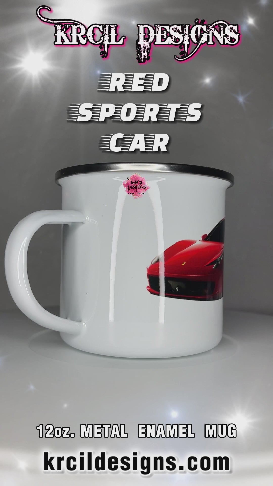 Red Sports Car Camp Mug Personalized Metal Enamel Mug by Krcil Designs | Let our custom coffee cups do the talking with our collection of personalized coffee cups. Personalize It - add name, monogram, make a one-of-a-kind picture collage photo cup - the picture-perfect present! Add our dish cloth and tea towel set, perfectly paired with our cups and mugs. For the ultimate coffee lovers gift, explore our sets and bundles. KrcilDesigns.com