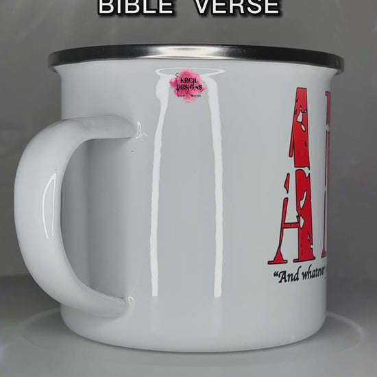 Your Name Religious Bible Verse Camp Mug Personalized Metal Enamel Mug by Krcil Designs | Let our custom coffee cups do the talking with our collection of personalized coffee cups. Personalize It - add name, monogram, make a one-of-a-kind picture collage photo cup - the picture-perfect present! Add our dish cloth and tea towel set, perfectly paired with our cups and mugs. For the ultimate coffee lovers gift, explore our sets and bundles. KrcilDesigns.com