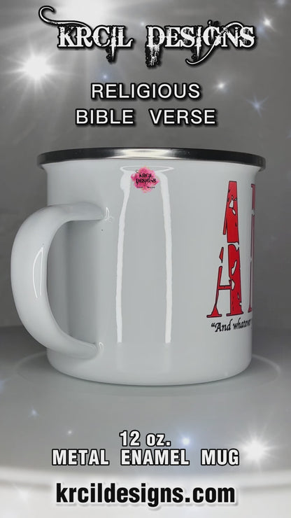 Your Name Religious Bible Verse Camp Mug Personalized Metal Enamel Mug by Krcil Designs | Let our custom coffee cups do the talking with our collection of personalized coffee cups. Personalize It - add name, monogram, make a one-of-a-kind picture collage photo cup - the picture-perfect present! Add our dish cloth and tea towel set, perfectly paired with our cups and mugs. For the ultimate coffee lovers gift, explore our sets and bundles. KrcilDesigns.com