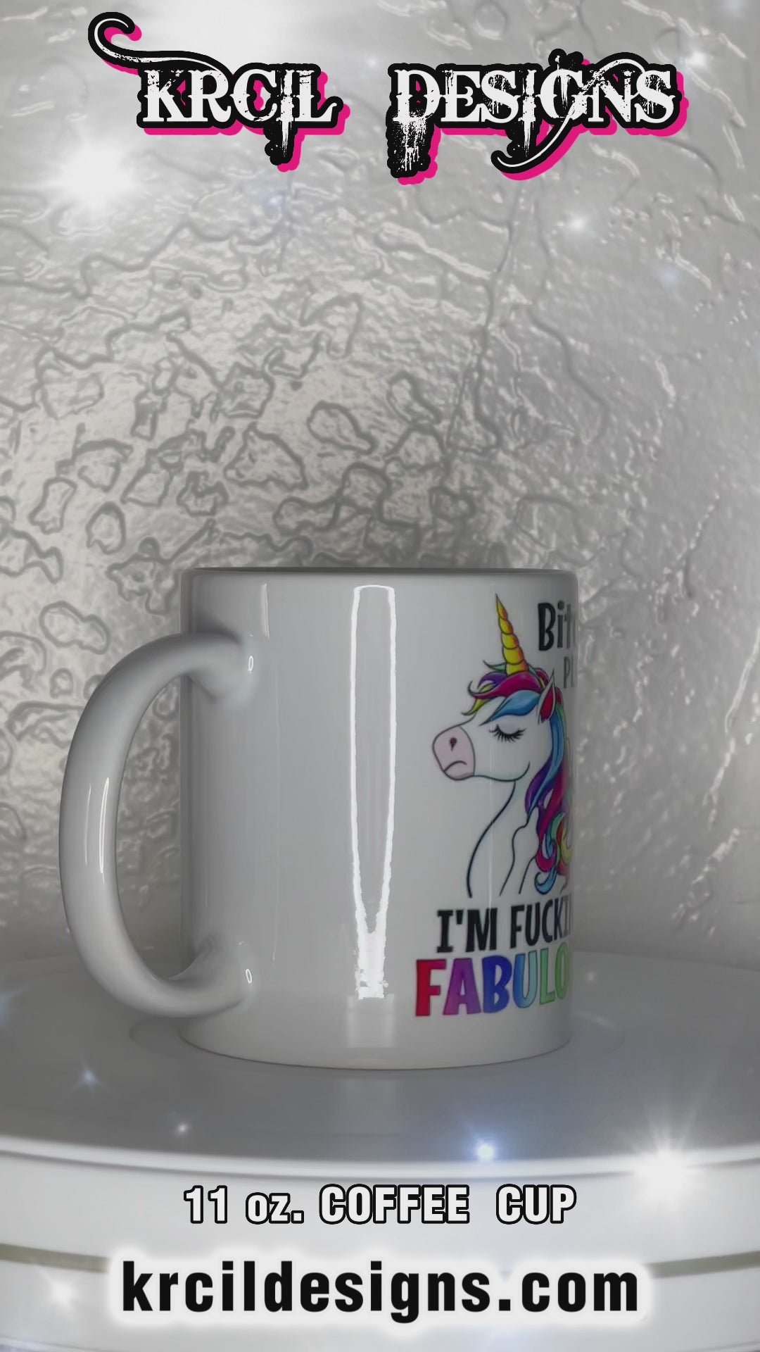 Rainbow-Tastic Unicorn Mug "Bitch Please I'm Fucking Fabulous" Unicorn Coffee Cup by Krcil Designs | Let our custom coffee cups do the talking with our collection of personalized coffee cups. Personalize It - add name, monogram, make a one-of-a-kind picture collage photo cup - the picture-perfect present! Add our dish cloth and tea towel set, perfectly paired with our cups and mugs. For the ultimate coffee lovers gift, explore our sets and bundles. KrcilDesigns.com