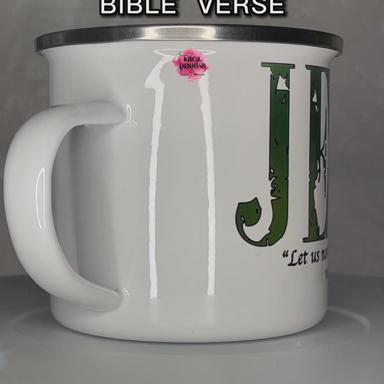 Your Name Religious Bible Verse Camp Mug Personalized Metal Enamel Mug by Krcil Designs | Let our custom coffee cups do the talking with our collection of personalized coffee cups. Personalize It - add name, monogram, make a one-of-a-kind picture collage photo cup - the picture-perfect present! Add our dish cloth and tea towel set, perfectly paired with our cups and mugs. For the ultimate coffee lovers gift, explore our sets and bundles. KrcilDesigns.com