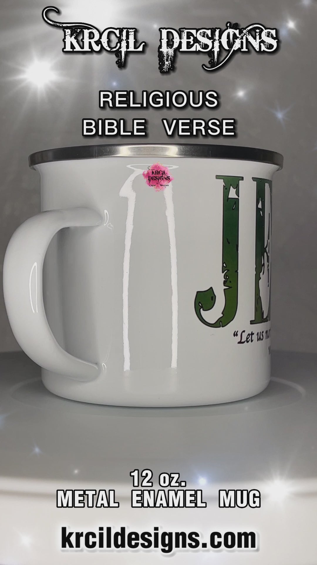 Your Name Religious Bible Verse Camp Mug Personalized Metal Enamel Mug by Krcil Designs | Let our custom coffee cups do the talking with our collection of personalized coffee cups. Personalize It - add name, monogram, make a one-of-a-kind picture collage photo cup - the picture-perfect present! Add our dish cloth and tea towel set, perfectly paired with our cups and mugs. For the ultimate coffee lovers gift, explore our sets and bundles. KrcilDesigns.com