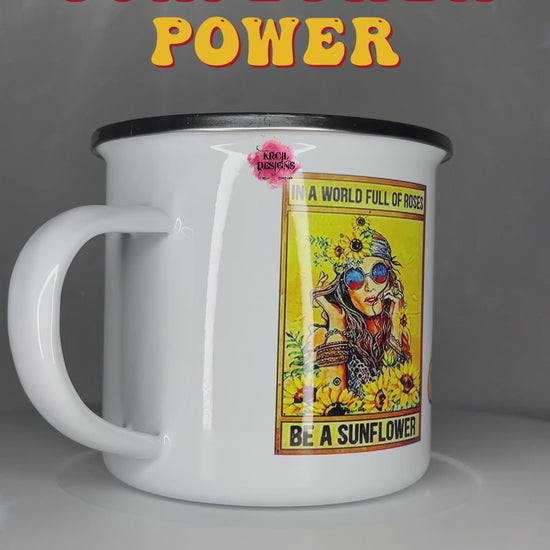 Sunflower Power Camp Mug Personalized Metal Enamel Mug by Krcil Designs | Let our custom coffee cups do the talking with our collection of personalized coffee cups. Personalize It - add name, monogram, make a one-of-a-kind picture collage photo cup - the picture-perfect present! Add our dish cloth and tea towel set, perfectly paired with our cups and mugs. For the ultimate coffee lovers gift, explore our sets and bundles. KrcilDesigns.com