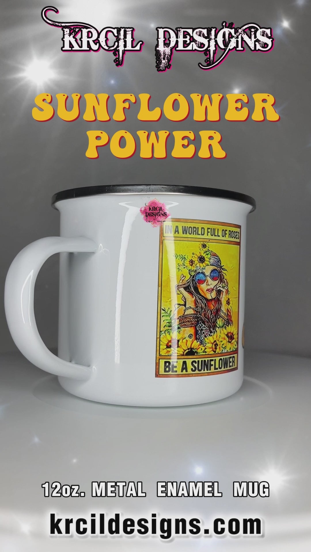 Sunflower Power Camp Mug Personalized Metal Enamel Mug by Krcil Designs | Let our custom coffee cups do the talking with our collection of personalized coffee cups. Personalize It - add name, monogram, make a one-of-a-kind picture collage photo cup - the picture-perfect present! Add our dish cloth and tea towel set, perfectly paired with our cups and mugs. For the ultimate coffee lovers gift, explore our sets and bundles. KrcilDesigns.com