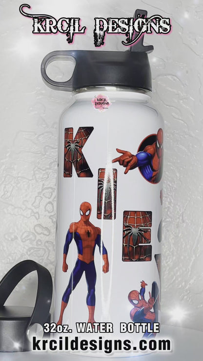 Spider-Man Personalized Water Bottle by Krcil Designs | Spider-Man fans, are you ready to "web" your thirst? We're here to save the day! Swing into hydration with your friendly neighborhood hero. | Let our custom water bottles do the talking with our collection of personalized water bottles. Personalize It - add name, monogram. For the ultimate gift, add a t-shirt, or accessorize with a custom tote bag. Insulated stainless steel water bottles include 2 lids-wide mouth/flip top straw. KrcilDesigns.com