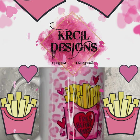 Valentines Gifts | Valentines Mug "Fries Before Guys" Valentines Coffee Cup by Krcil Designs | Fries, fries, they're our true loves! This Valentine's Day, forget about those guys and go for the real catch - fries! It's not just a coffee cup, it's a pink cheetah background and fries on the front, it's a declaration of your undying love for crispy, salty goodness. It's the perfect gift for fry fanatics or for sipping on solo. This Valentine's Day give a Valentine's gift that's Fry-Tastic! KrcilDesigns.com