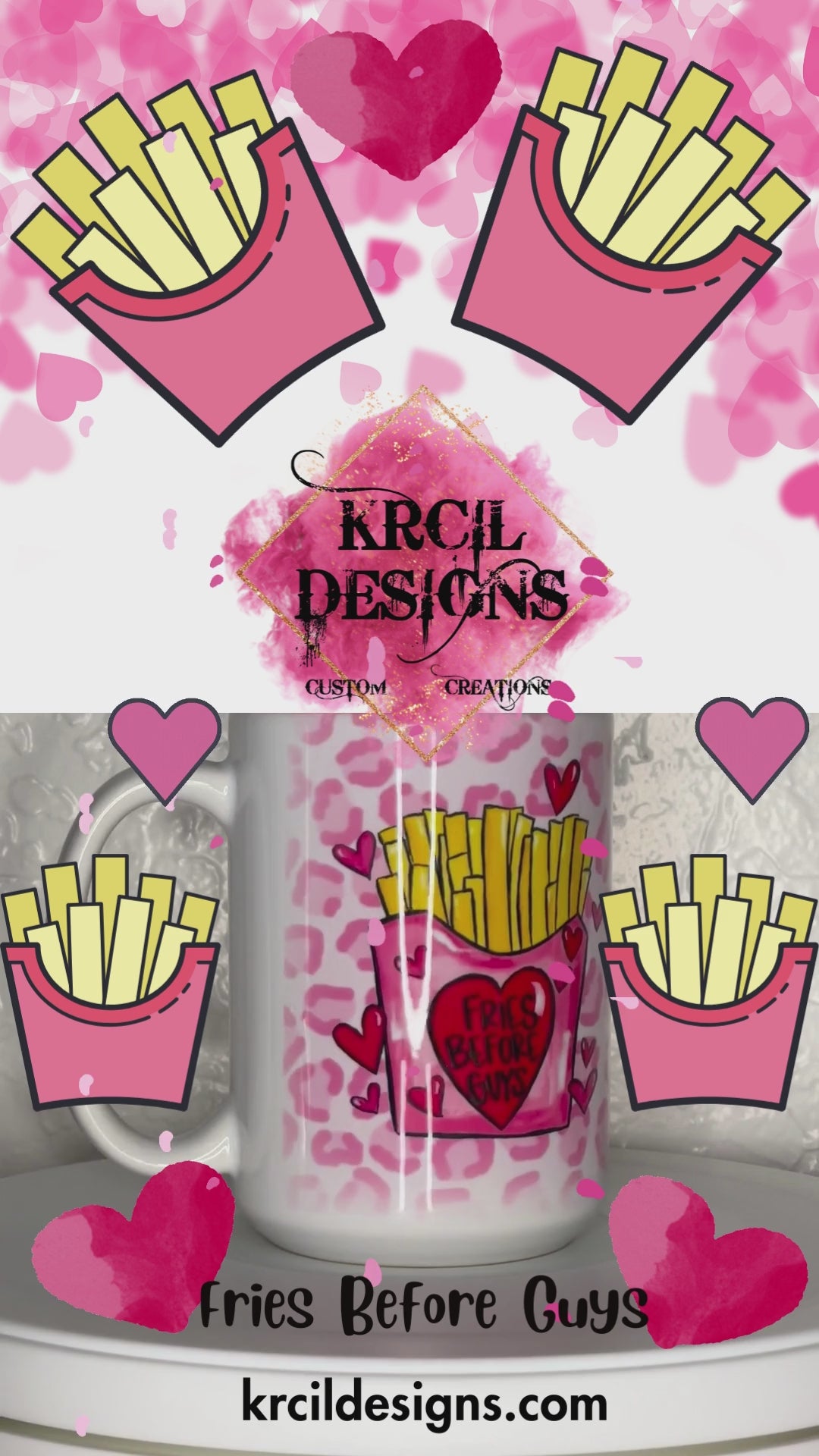 Valentines Gifts | Valentines Mug "Fries Before Guys" Valentines Coffee Cup by Krcil Designs | Fries, fries, they're our true loves! This Valentine's Day, forget about those guys and go for the real catch - fries! It's not just a coffee cup, it's a pink cheetah background and fries on the front, it's a declaration of your undying love for crispy, salty goodness. It's the perfect gift for fry fanatics or for sipping on solo. This Valentine's Day give a Valentine's gift that's Fry-Tastic! KrcilDesigns.com