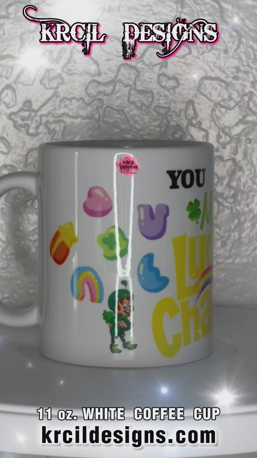 Funny Coffee Mugs by Krcil Designs Start your day off on a magically delicious note with our "You Are My Lucky Charm" Mugs! Showcasing the iconic marshmallows, leprechauns, and the Lucky Charm rainbow! Let our custom coffee cups do the talking with our collection of personalized mugs. Personalize It - add name, monogram. For the ultimate coffee lovers gift, add our dish cloths and dish towels sets, they pair perfect with our coffee mugs. Shop Coffee Mugs at KrcilDesigns.com