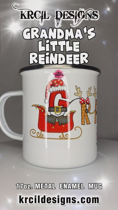 Christmas Personalized Coffee Mugs by KrcilDesigns.com | A video of a camp mug, in name style option: "Grandma's Little Reindeer" stars a "G" that's gone full Santa mode, dressed up in Santa's Suit and Santa's Hat, riding in Santa's sleigh with twinkling Christmas lights, while the rest of the "Grandma" letters are transformed into Santa's Reindeer. Featuring reindeer antlers, bows, and Rudolph's Red Nose — yup, he's leading the parade! Not just for Grandma, we have them for everyone!