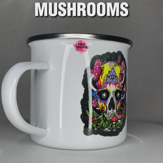 PSYCHEDELIC Skull Mushrooms Camp Mug Personalized Metal Enamel Mug by Krcil Designs | Let our custom coffee cups do the talking with our collection of personalized coffee cups. Personalize It - add name, monogram, make a one-of-a-kind picture collage photo cup - the picture-perfect present! Add our dish cloth and tea towel set, perfectly paired with our cups and mugs. For the ultimate coffee lovers gift, explore our sets and bundles. KrcilDesigns.com