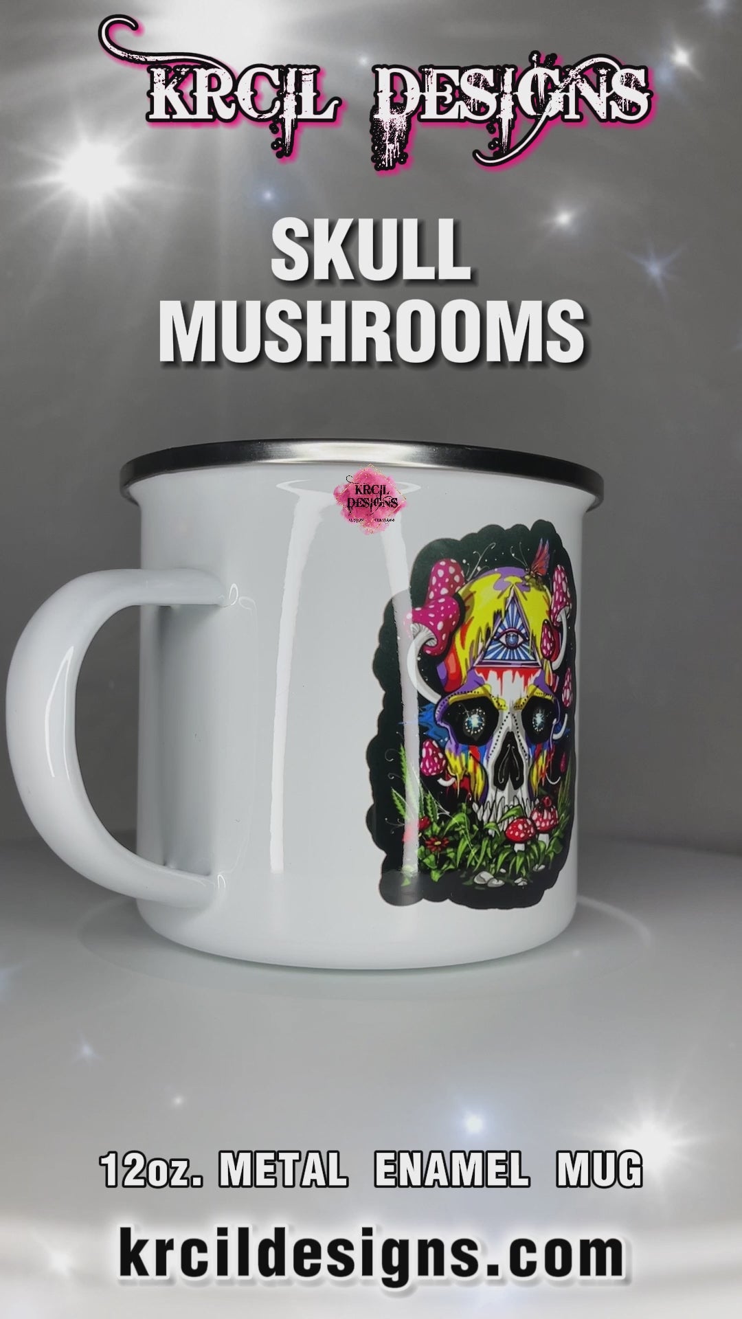 PSYCHEDELIC Skull Mushrooms Camp Mug Personalized Metal Enamel Mug by Krcil Designs | Let our custom coffee cups do the talking with our collection of personalized coffee cups. Personalize It - add name, monogram, make a one-of-a-kind picture collage photo cup - the picture-perfect present! Add our dish cloth and tea towel set, perfectly paired with our cups and mugs. For the ultimate coffee lovers gift, explore our sets and bundles. KrcilDesigns.com