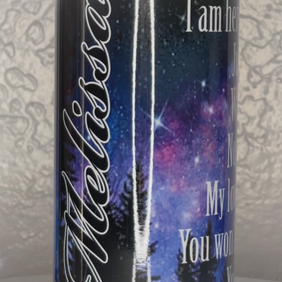 Starry Night Moon Scene with Saying Personalized Tumbler by Krcil Designs | Featuring a nighttime starry sky, full moon, majestic trees. | Let our custom tumblers do the talking with our collection of personalized tumblers. Personalize It - add name, monogram, picture collage photo tumbler - the picture-perfect present! For the ultimate gift, add a t-shirt, or accessorize with a custom tote bag. Insulated stainless steel tumblers include a plastic slide top lid and metal or plastic straw. KrcilDesigns.com