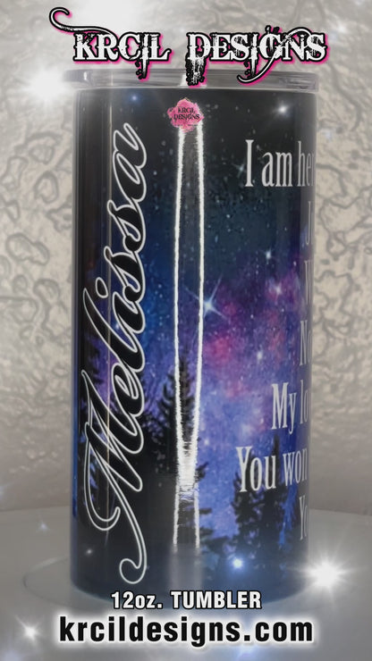 Starry Night Moon Scene with Saying Personalized Tumbler by Krcil Designs | Featuring a nighttime starry sky, full moon, majestic trees. | Let our custom tumblers do the talking with our collection of personalized tumblers. Personalize It - add name, monogram, picture collage photo tumbler - the picture-perfect present! For the ultimate gift, add a t-shirt, or accessorize with a custom tote bag. Insulated stainless steel tumblers include a plastic slide top lid and metal or plastic straw. KrcilDesigns.com