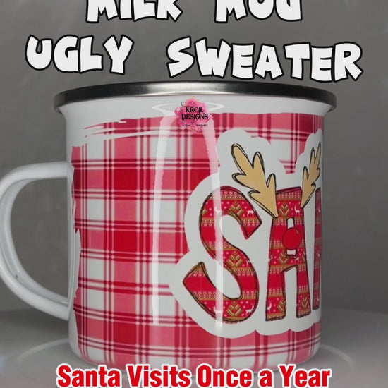 🎅🥛Santa Milk Mug Style Ugly Sweater | Christmas Coffee Cup by Krcil Designs | Add a dash of Christmas Magic to the little ones' holiday traditions with our Santa Mugs! Santa only visits once a year, so why not get Santa his very own Santa milk mug? One with his name on it! Our milk for Santa mug, is adorned in red and white plaid and features Santa's name in our festive holiday letters. So, this Christmas Eve give Santa his own Christmas Mug with his cookies. Shop Christmas Gifts at KrcilDesigns.com