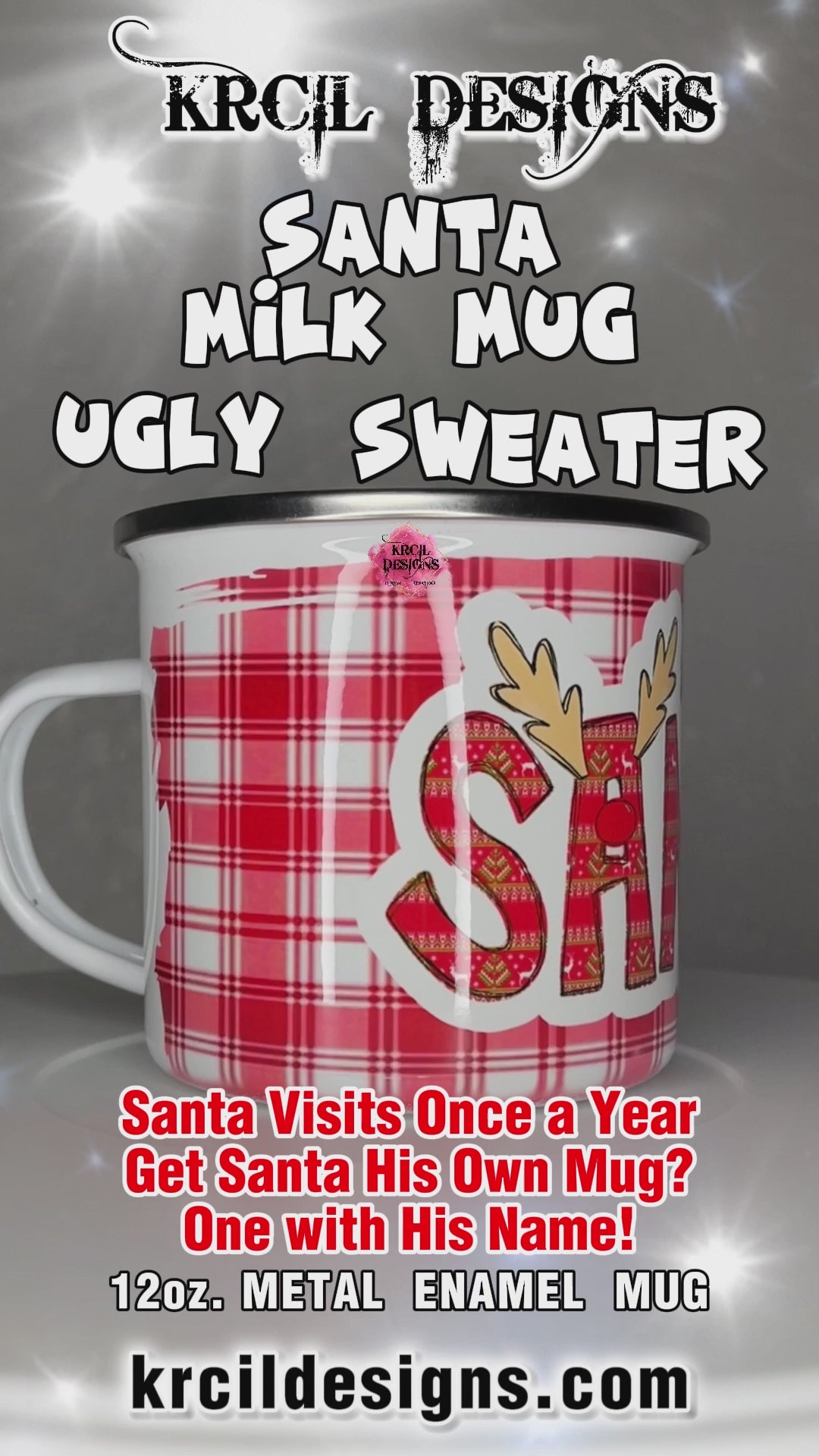 🎅🥛Santa Milk Mug Style Ugly Sweater | Christmas Coffee Cup by Krcil Designs | Add a dash of Christmas Magic to the little ones' holiday traditions with our Santa Mugs! Santa only visits once a year, so why not get Santa his very own Santa milk mug? One with his name on it! Our milk for Santa mug, is adorned in red and white plaid and features Santa's name in our festive holiday letters. So, this Christmas Eve give Santa his own Christmas Mug with his cookies. Shop Christmas Gifts at KrcilDesigns.com