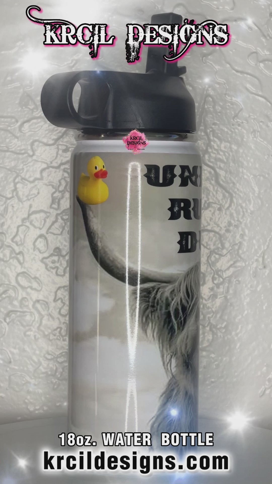 Unlucky Rubber Ducky Highland Cow Water Bottle by Krcil Designs | This custom water bottle features a highland cow, with a fluffy coat, its massive horns, and a rubber duck on each horn; you'll be laughing until the cows come home! Especially with the funny quote, "Unlucky Rubber Ducky"! This hydro water bottle is the ultimate in Highland Cow Gifts! Add a personal touch, add name, your favorite highland cow quote, for a one-of-a-kind personalized water bottle. Shop Highland Cow Gifts at KrcilDesigns.com